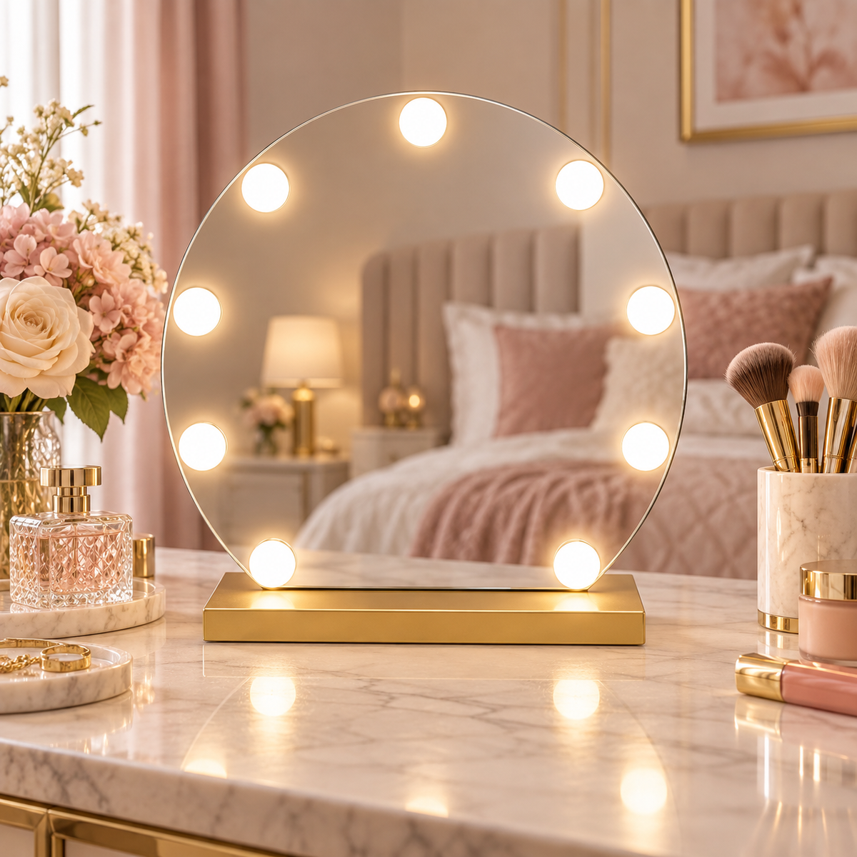 Livingbright - Make Up Spiegel Rond - Hollywood Spiegel met Verlichting 40X47CM - 3 Lichtkleuren - Dimbaar - USB Oplader - Goud