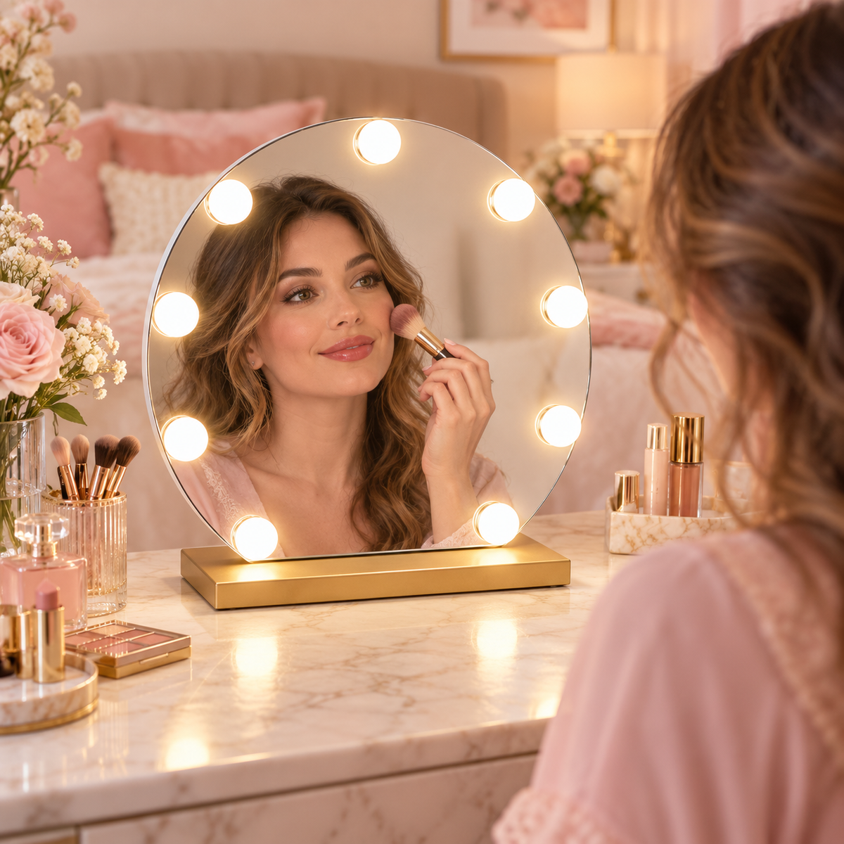 Livingbright - Make Up Spiegel Rond - Hollywood Spiegel met Verlichting 40X47CM - 3 Lichtkleuren - Dimbaar - USB Oplader - Goud