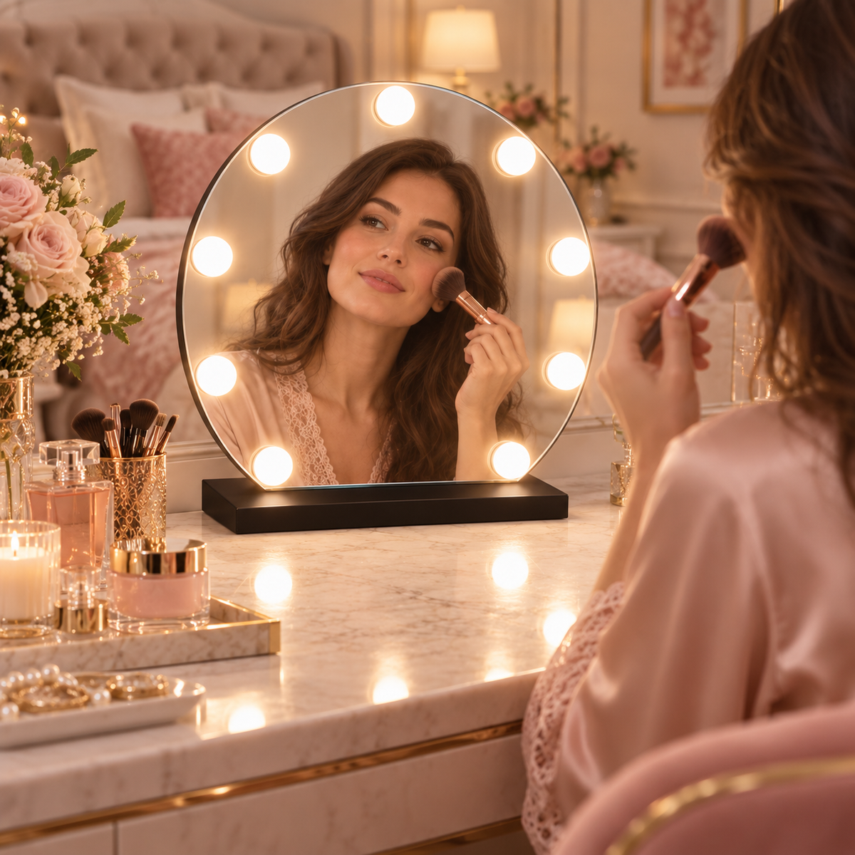 Livingbright - Make Up Spiegel Rond - Hollywood Spiegel met Verlichting 40X47CM - 3 Lichtkleuren - Dimbaar - USB Oplader - Zwart