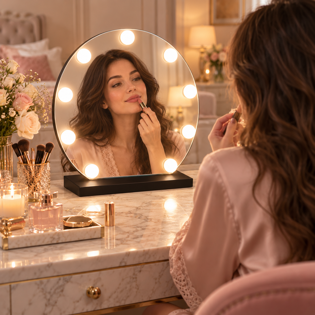 Livingbright - Make Up Spiegel Rond - Hollywood Spiegel met Verlichting 40X47CM - 3 Lichtkleuren - Dimbaar - USB Oplader - Zwart