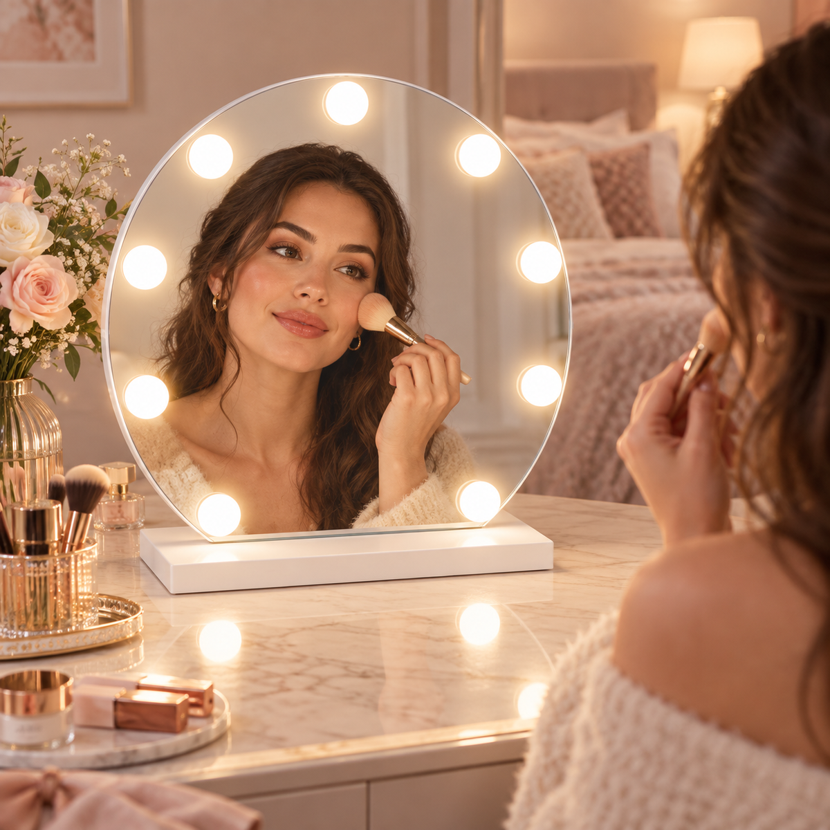 Livingbright - Make Up Spiegel Rond - Hollywood Spiegel met Verlichting 40X47CM - 3 Lichtkleuren - Dimbaar - USB Oplader - Wit