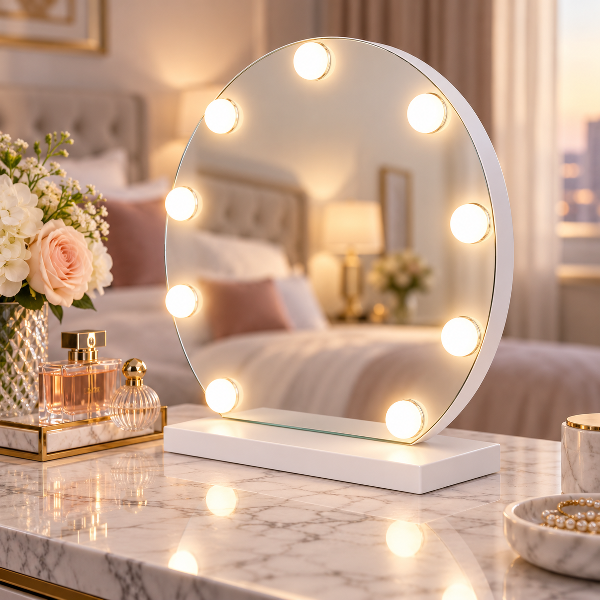Livingbright - Make Up Spiegel Rond - Hollywood Spiegel met Verlichting 40X47CM - 3 Lichtkleuren - Dimbaar - USB Oplader - Wit
