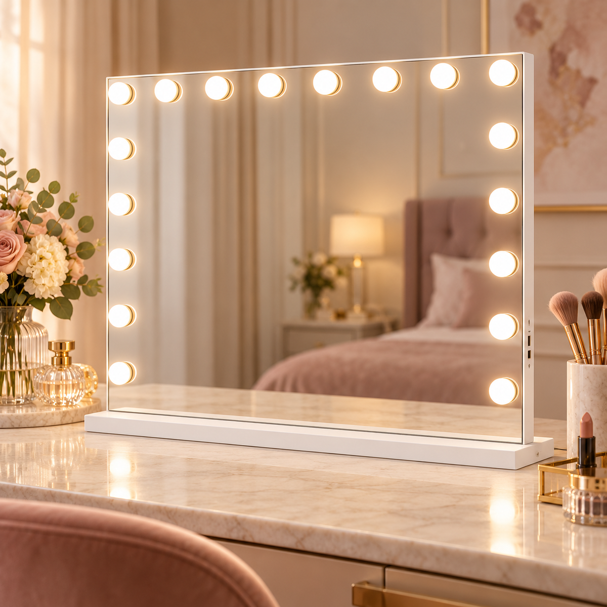 Livingbright - Make Up Spiegel - Hollywood Spiegel met Verlichting 80X60CM - 3 Lichtkleuren - Dimbaar - USB Oplader - Wit