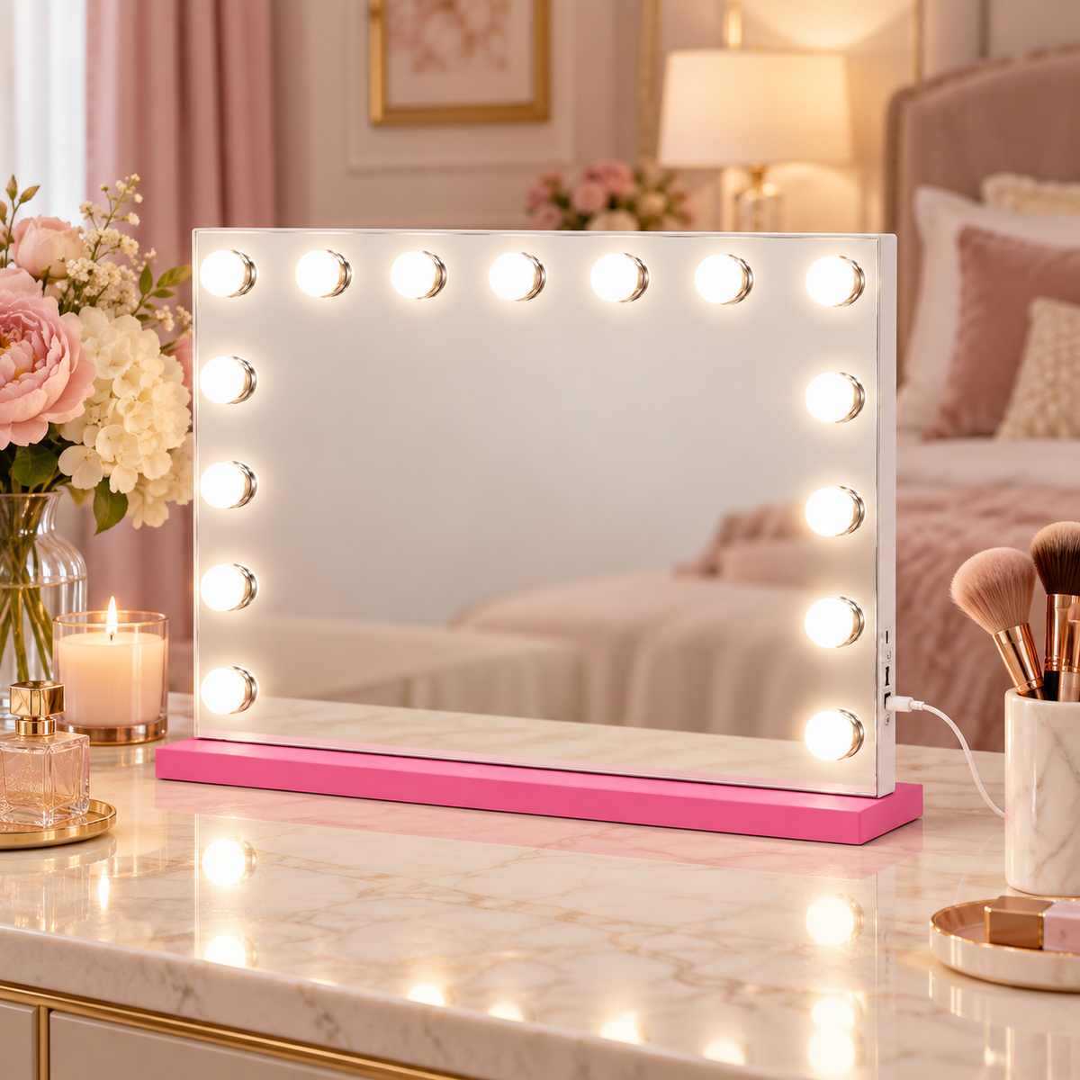 Livingbright - Make Up Spiegel - Hollywood Spiegel met Verlichting 58X46CM - 3 Lichtkleuren - Dimbaar - USB Oplader - Roze