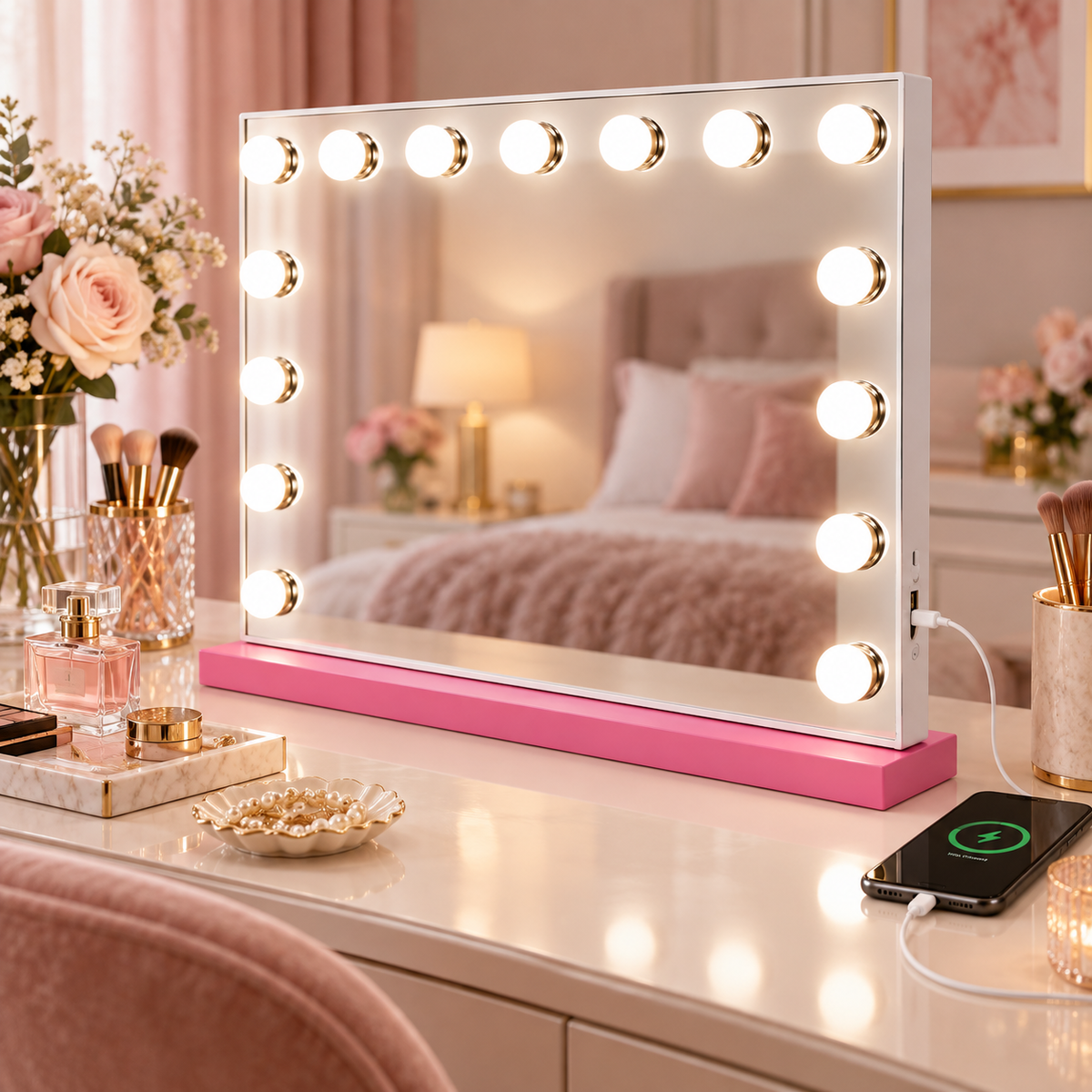 Livingbright - Make Up Spiegel - Hollywood Spiegel met Verlichting 58X46CM - 3 Lichtkleuren - Dimbaar - USB Oplader - Roze