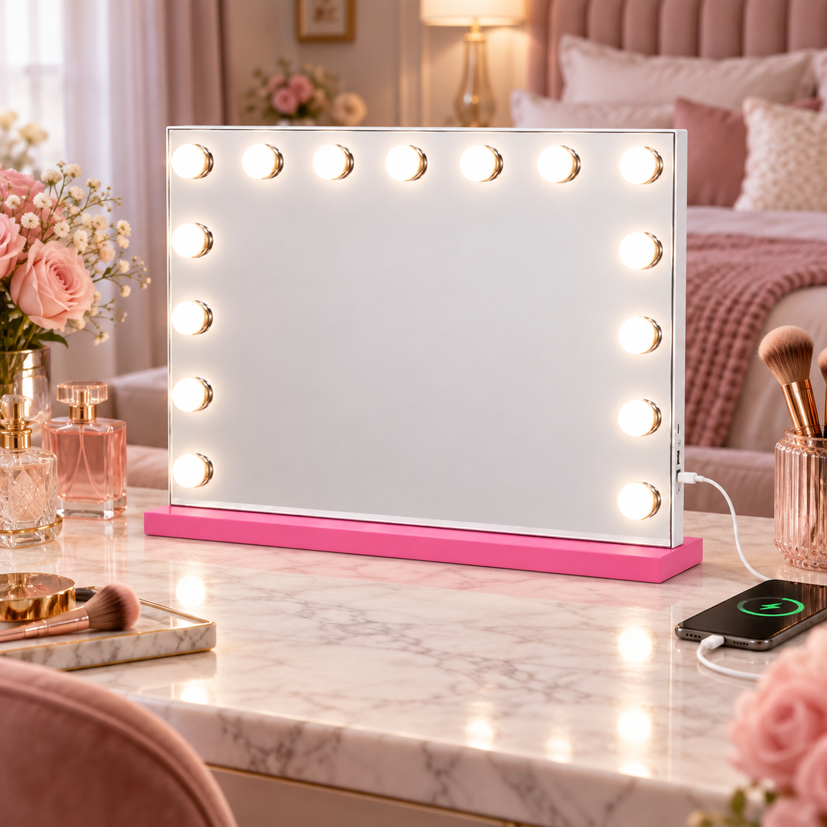 Livingbright - Make Up Spiegel - Hollywood Spiegel met Verlichting 58X46CM - 3 Lichtkleuren - Dimbaar - USB Oplader - Roze