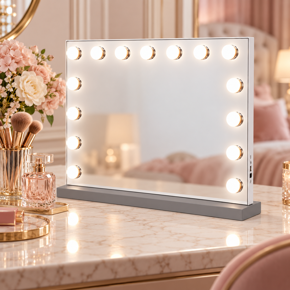 Livingbright - Make Up Spiegel - Hollywood Spiegel met Verlichting 58X46CM - 3 Lichtkleuren - Dimbaar - USB Oplader - Grijs