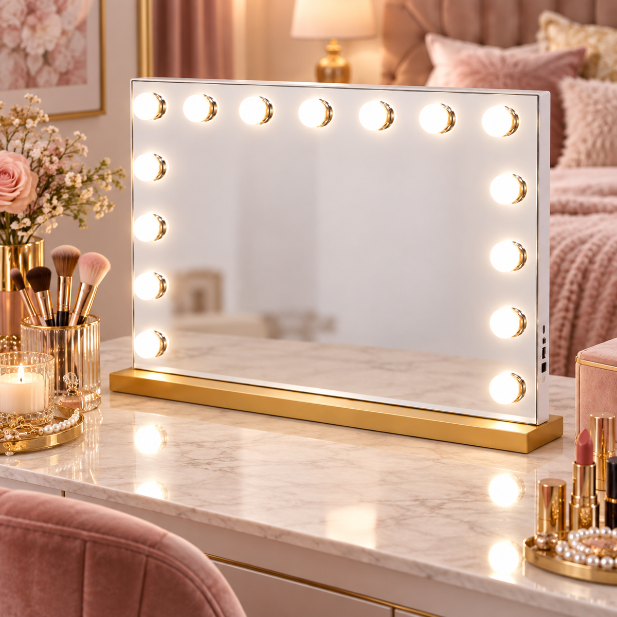 Livingbright - Make Up Spiegel - Hollywood Spiegel met Verlichting 58X46CM - 3 Lichtkleuren - Dimbaar - USB Oplader - Goud