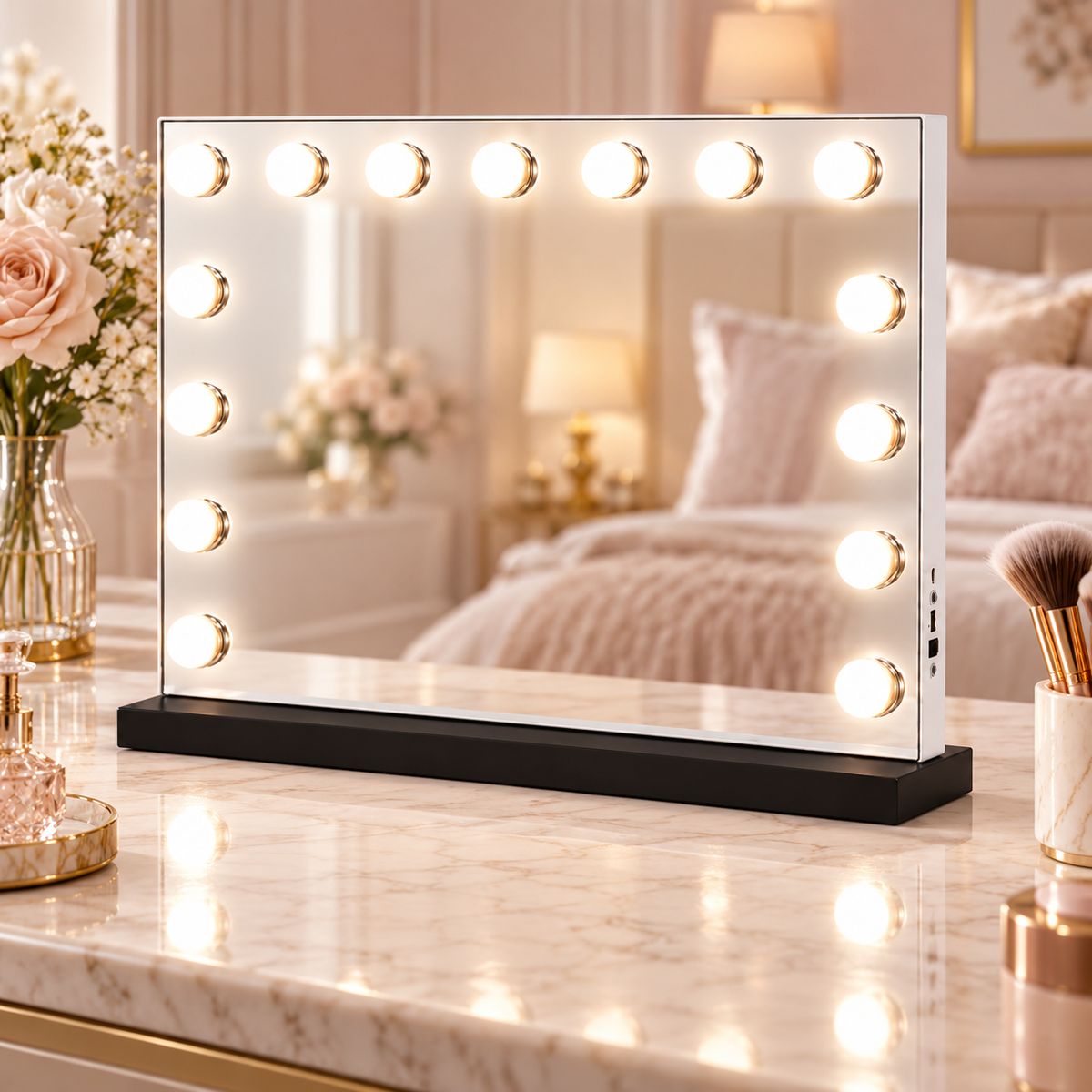 Livingbright - Make Up Spiegel - Hollywood Spiegel met Verlichting 58X46CM - 3 Lichtkleuren - Dimbaar - USB Oplader - Zwart