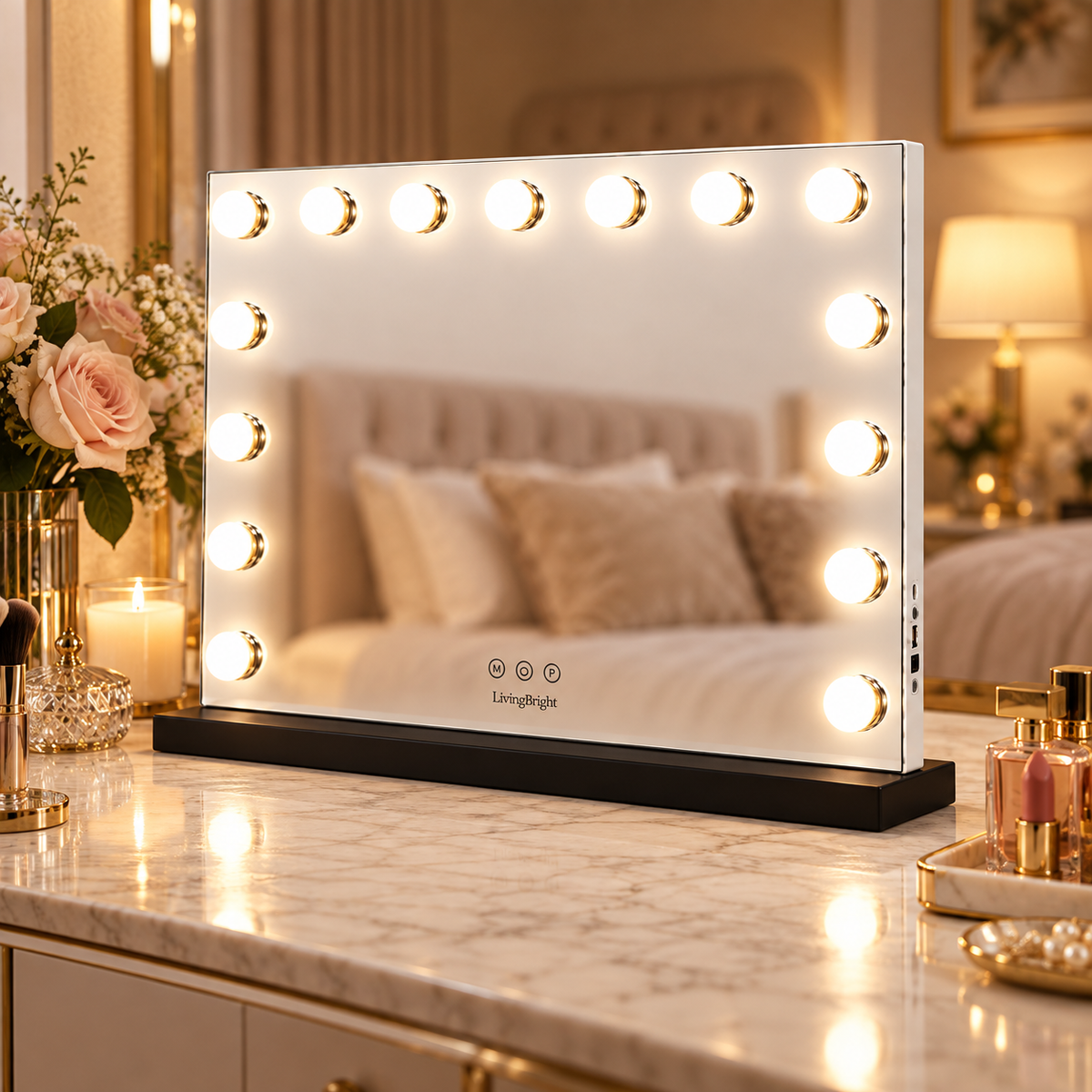 Livingbright - Make Up Spiegel - Hollywood Spiegel met Verlichting 58X46CM - 3 Lichtkleuren - Dimbaar - USB Oplader - Zwart