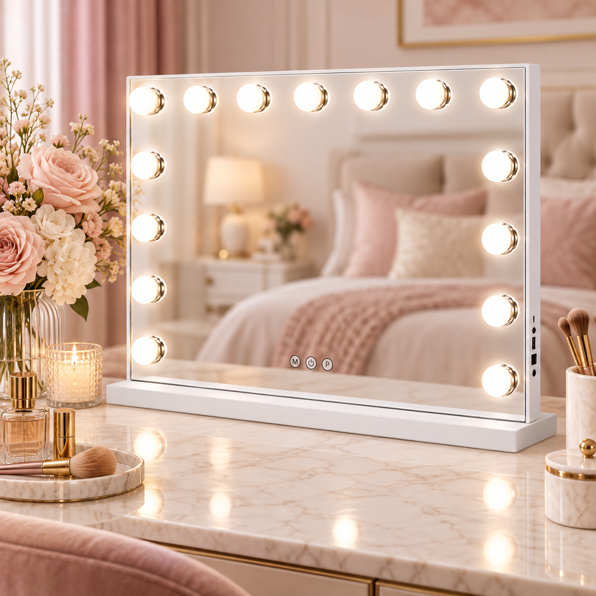 Livingbright - Make Up Spiegel - Hollywood Spiegel met Verlichting 58X46CM - 3 Lichtkleuren - Dimbaar - USB Oplader - Wit
