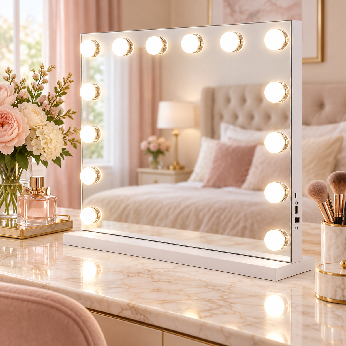 Livingbright - Make Up Spiegel - Hollywood Spiegel met Verlichting 50X40CM - 3 Lichtkleuren - Dimbaar - USB Oplader - Wit