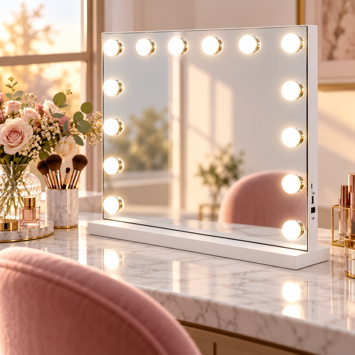 Livingbright - Make Up Spiegel - Hollywood Spiegel met Verlichting 50X40CM - 3 Lichtkleuren - Dimbaar - USB Oplader - Wit