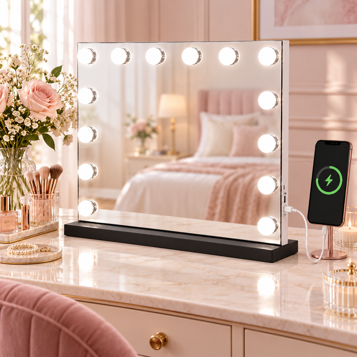 Livingbright - Make Up Spiegel - Hollywood Spiegel met Verlichting 50X40CM - 3 Lichtkleuren - Dimbaar - USB Oplader - Zwart