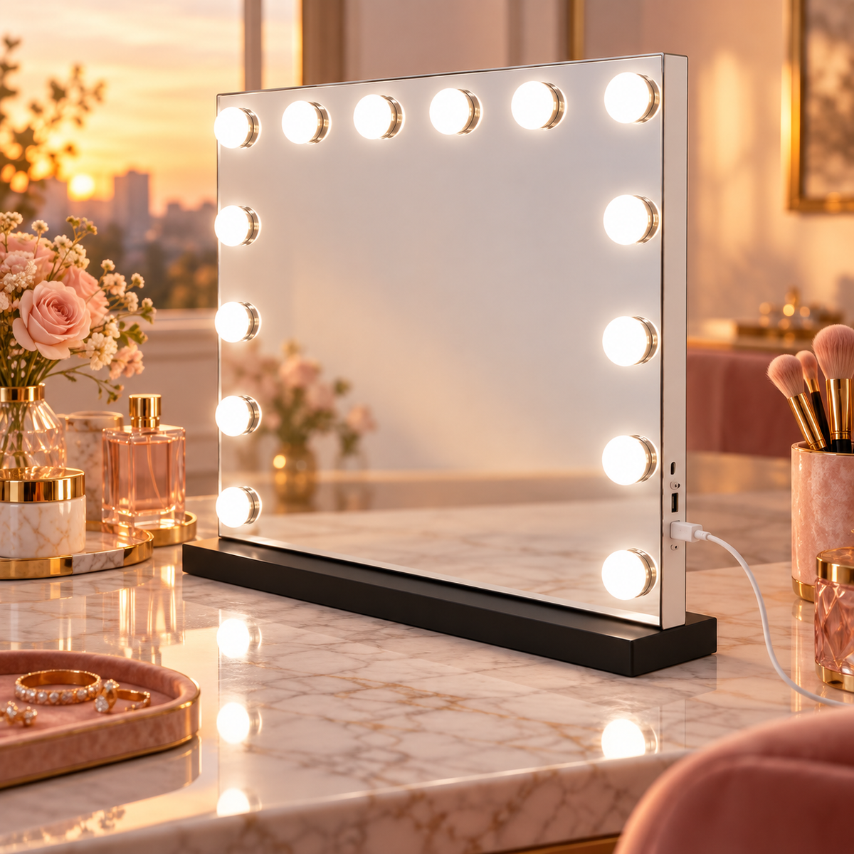 Livingbright - Make Up Spiegel - Hollywood Spiegel met Verlichting 50X40CM - 3 Lichtkleuren - Dimbaar - USB Oplader - Zwart