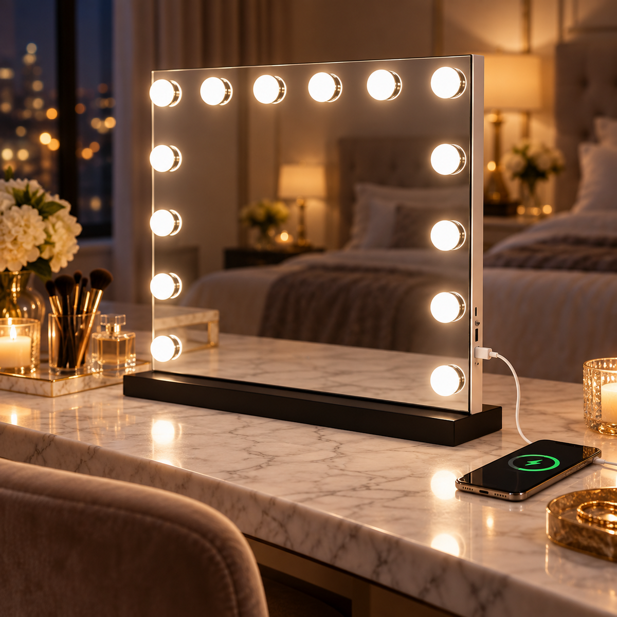 Livingbright - Make Up Spiegel - Hollywood Spiegel met Verlichting 50X40CM - 3 Lichtkleuren - Dimbaar - USB Oplader - Zwart