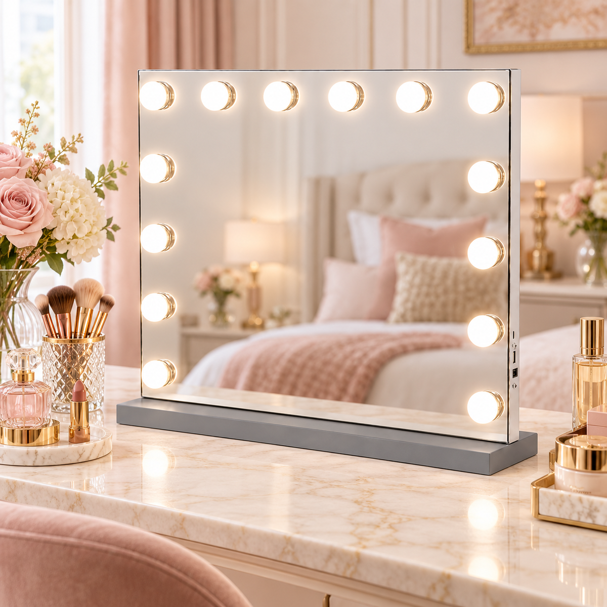 Livingbright - Make Up Spiegel - Hollywood Spiegel met Verlichting 50X40CM - 3 Lichtkleuren - Dimbaar - USB Oplader - Grijs