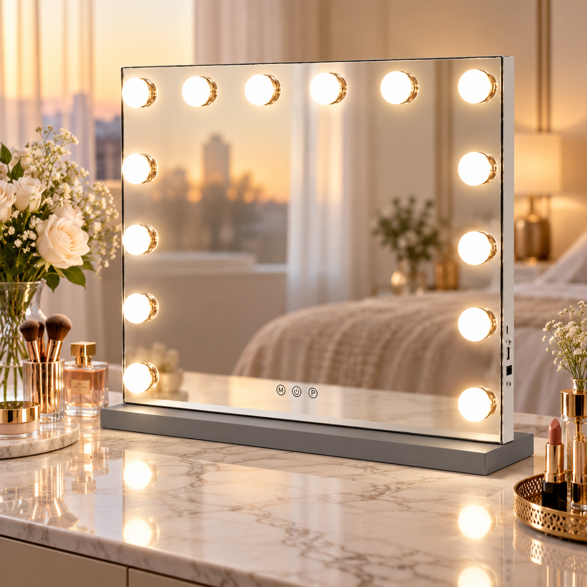 Livingbright - Make Up Spiegel - Hollywood Spiegel met Verlichting 50X40CM - 3 Lichtkleuren - Dimbaar - USB Oplader - Grijs
