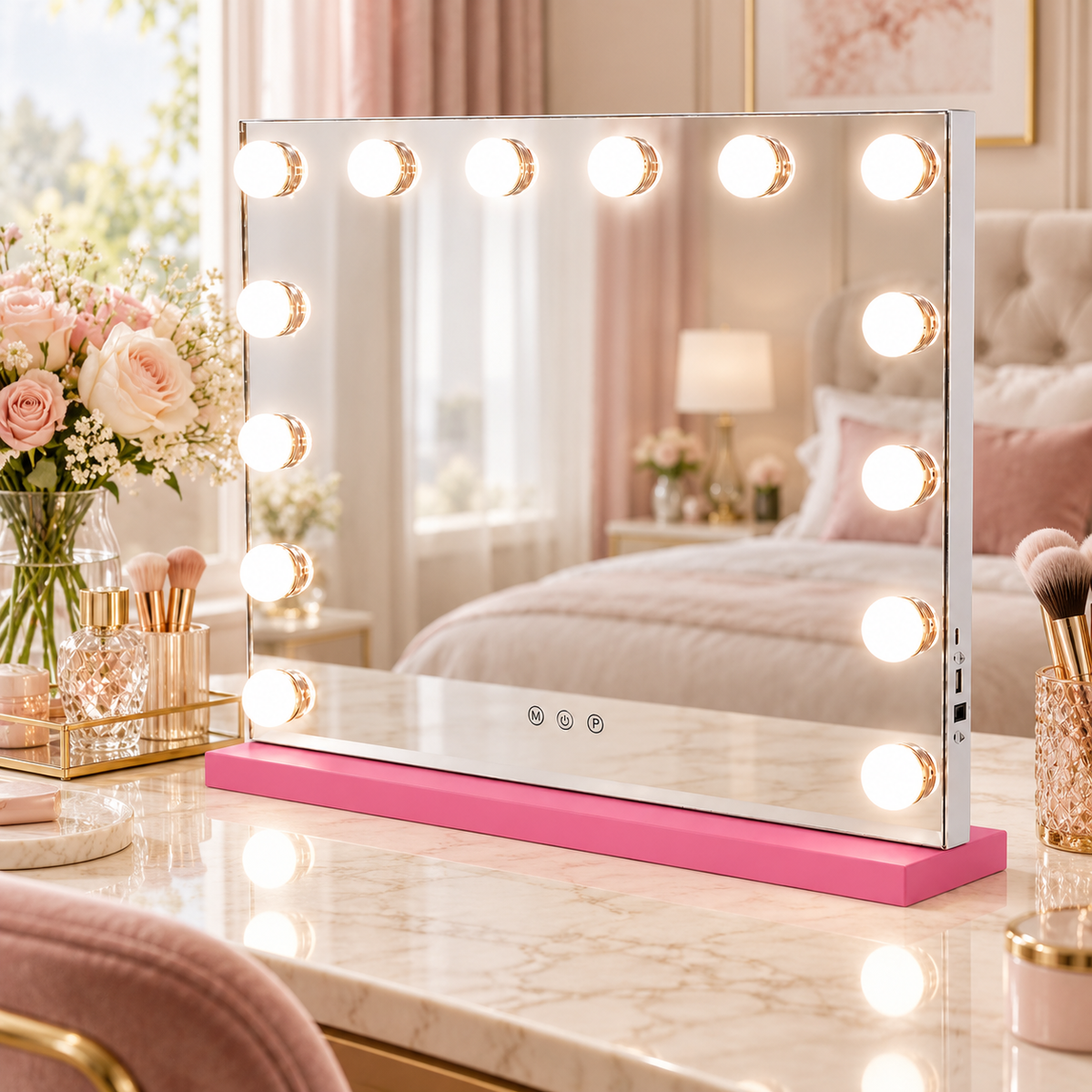 Livingbright - Make Up Spiegel - Hollywood Spiegel met Verlichting 50X40CM - 3 Lichtkleuren - Dimbaar - USB Oplader - Roze
