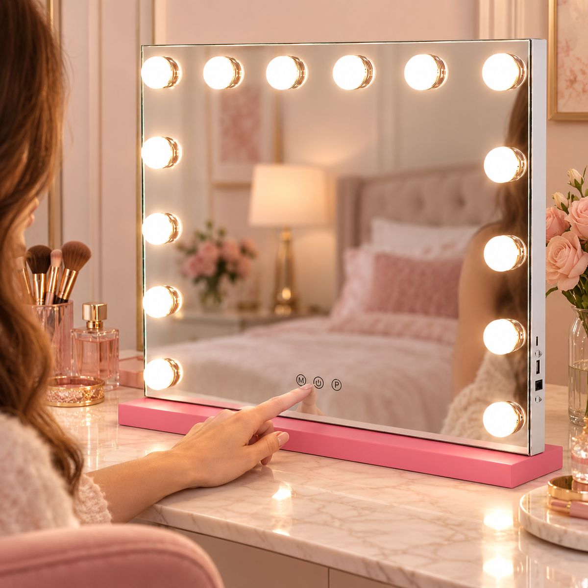 Livingbright - Make Up Spiegel - Hollywood Spiegel met Verlichting 50X40CM - 3 Lichtkleuren - Dimbaar - USB Oplader - Roze