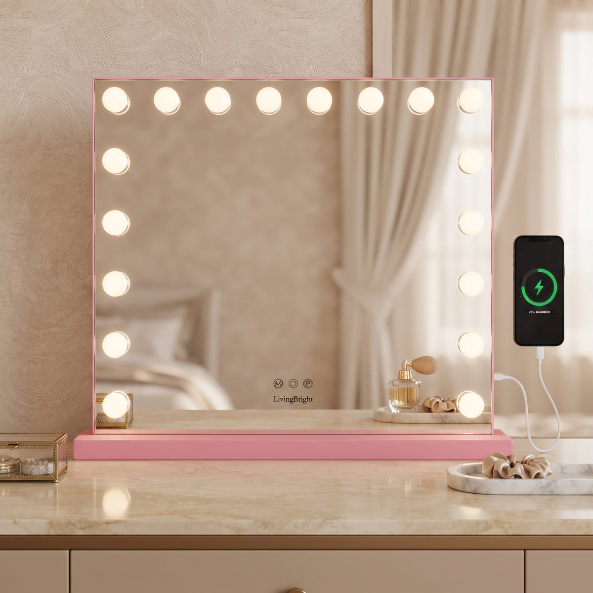 Livingbright - Make Up Spiegel - Hollywood Spiegel met Verlichting 80X60CM - 3 Lichtkleuren - Dimbaar - USB Oplader - Roze
