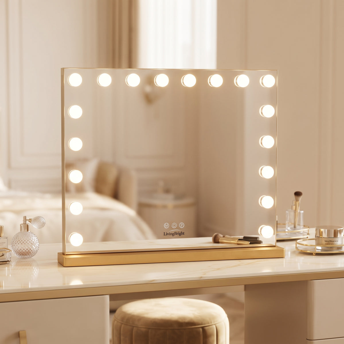 Livingbright - Make Up Spiegel - Hollywood Spiegel met Verlichting 80X60CM - 3 Lichtkleuren - Dimbaar - USB Oplader - Goud