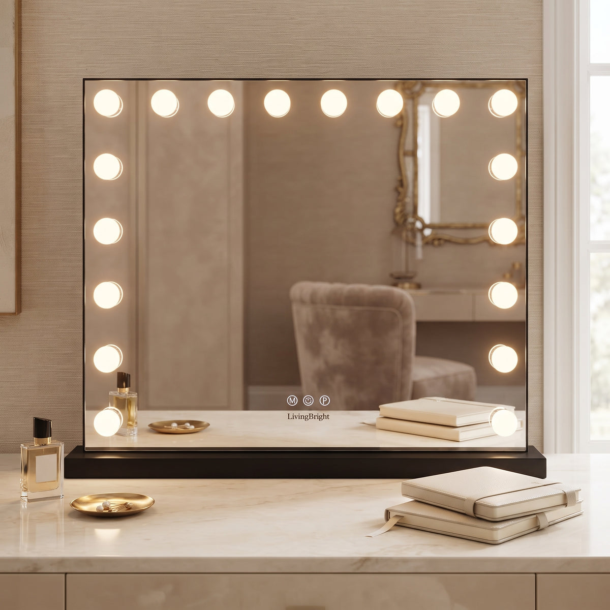 Livingbright - Make Up Spiegel - Hollywood Spiegel met Verlichting 80X60CM - 3 Lichtkleuren - Dimbaar - USB Oplader - Zwart