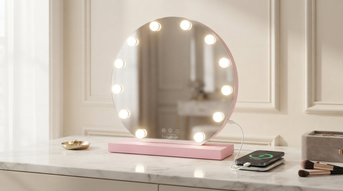 Livingbright - Make Up Spiegel Rond - Hollywood Spiegel met Verlichting 50X55CM - 3 Lichtkleuren - Dimbaar - USB Oplader - Roze