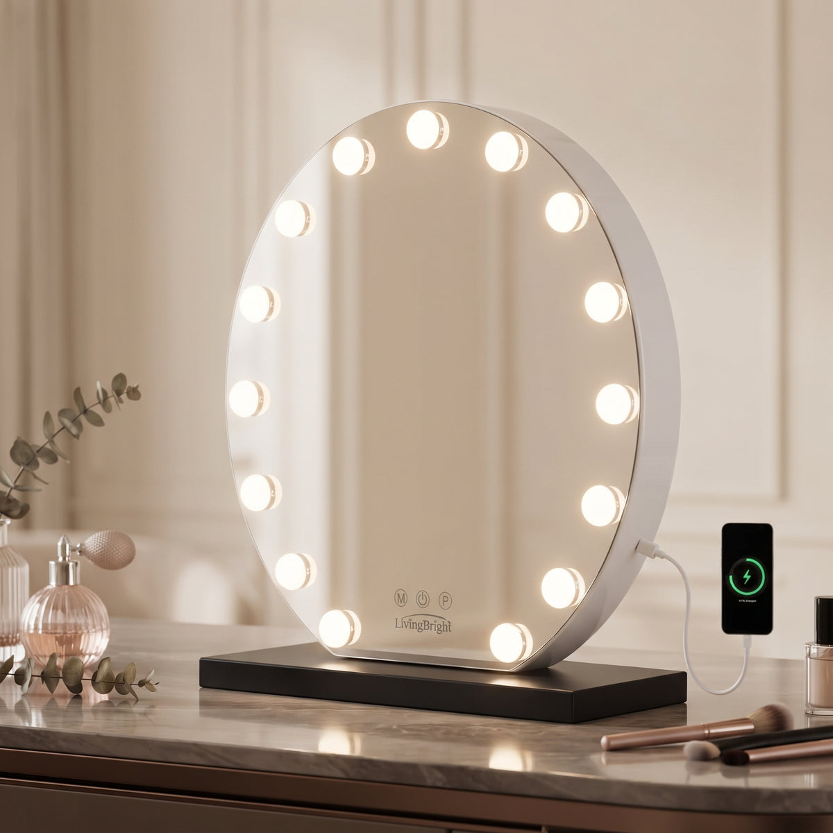 Livingbright - Make Up Spiegel Rond - Hollywood Spiegel met Verlichting 60X66CM - 3 Lichtkleuren - Dimbaar - USB Oplader - Zwart