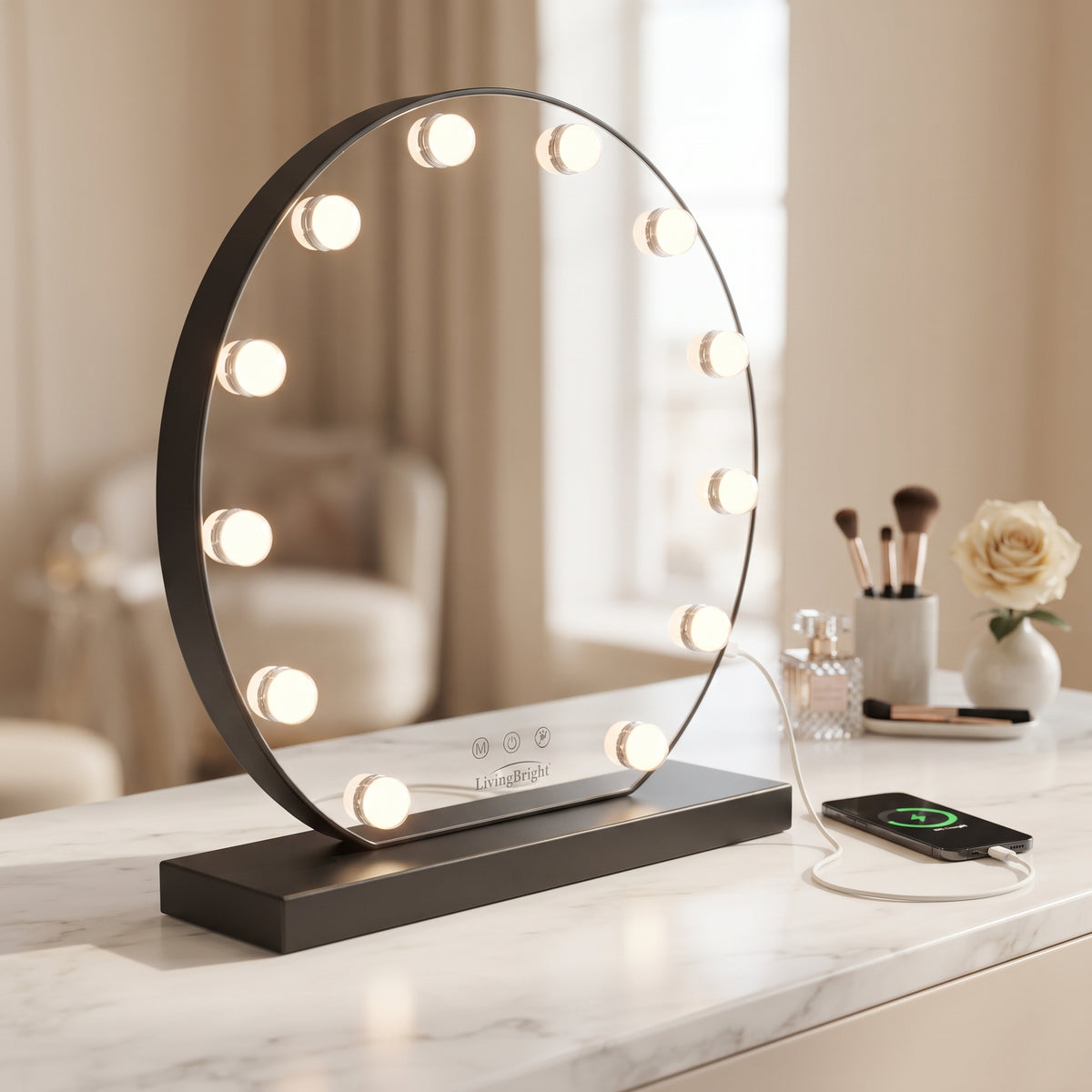 Livingbright - Make Up Spiegel Rond - Hollywood Spiegel met Verlichting 50X55CM - 3 Lichtkleuren - Dimbaar - USB Oplader - Zwart