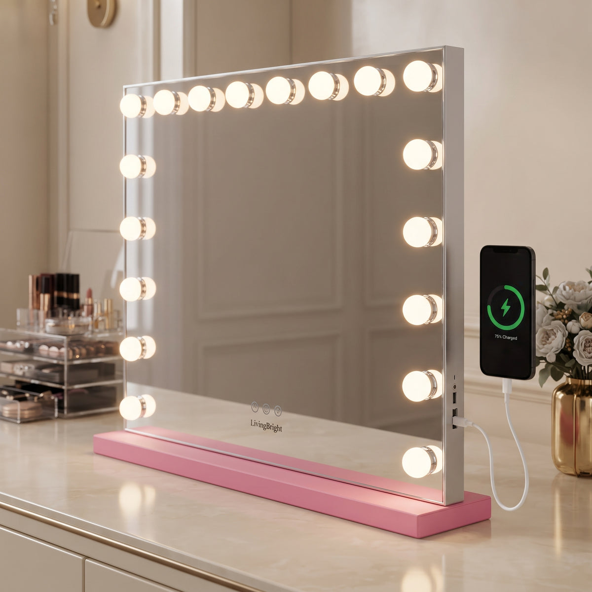 Livingbright - Make Up Spiegel - Hollywood Spiegel met Verlichting 80X60CM - 3 Lichtkleuren - Dimbaar - USB Oplader - Roze