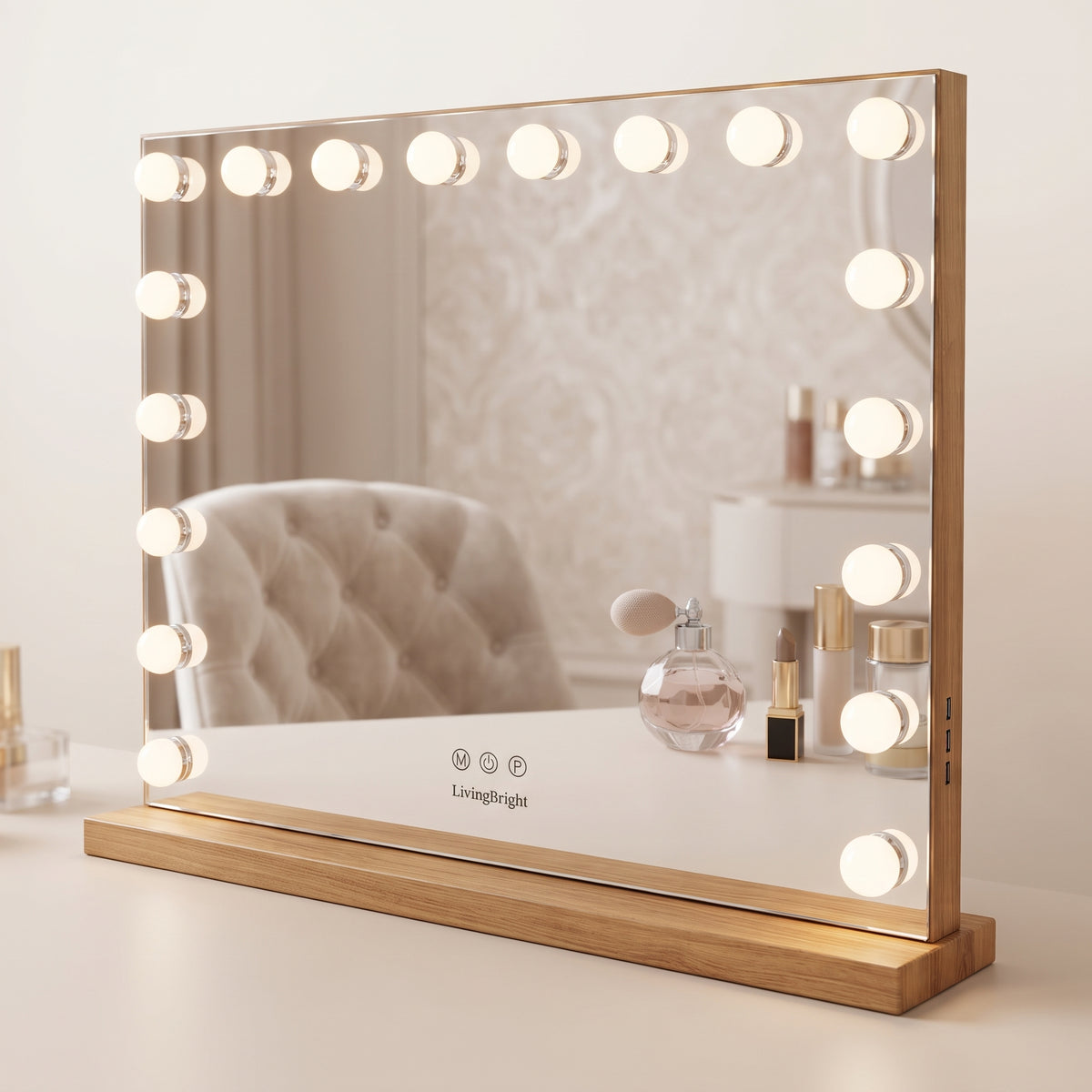 Livingbright - Make Up Spiegel - Hollywood Spiegel met Verlichting 80X60CM - 3 Lichtkleuren - Dimbaar - USB Oplader - Goud
