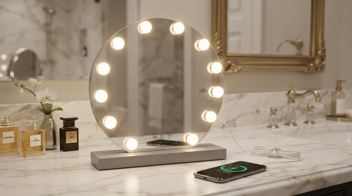 Livingbright - Make Up Spiegel Rond - Hollywood Spiegel met Verlichting 50X55CM - 3 Lichtkleuren - Dimbaar - USB Oplader - Grijs