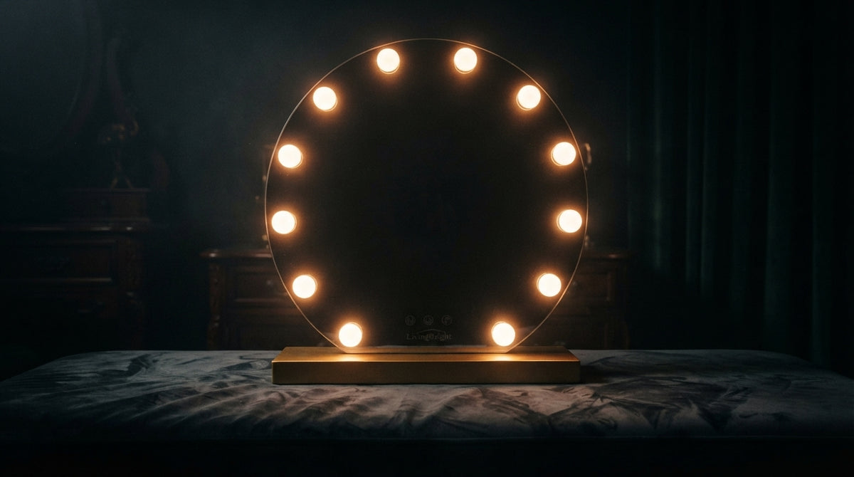 Livingbright - Make Up Spiegel Rond - Hollywood Spiegel met Verlichting 50X55CM - 3 Lichtkleuren - Dimbaar - USB Oplader - Goud