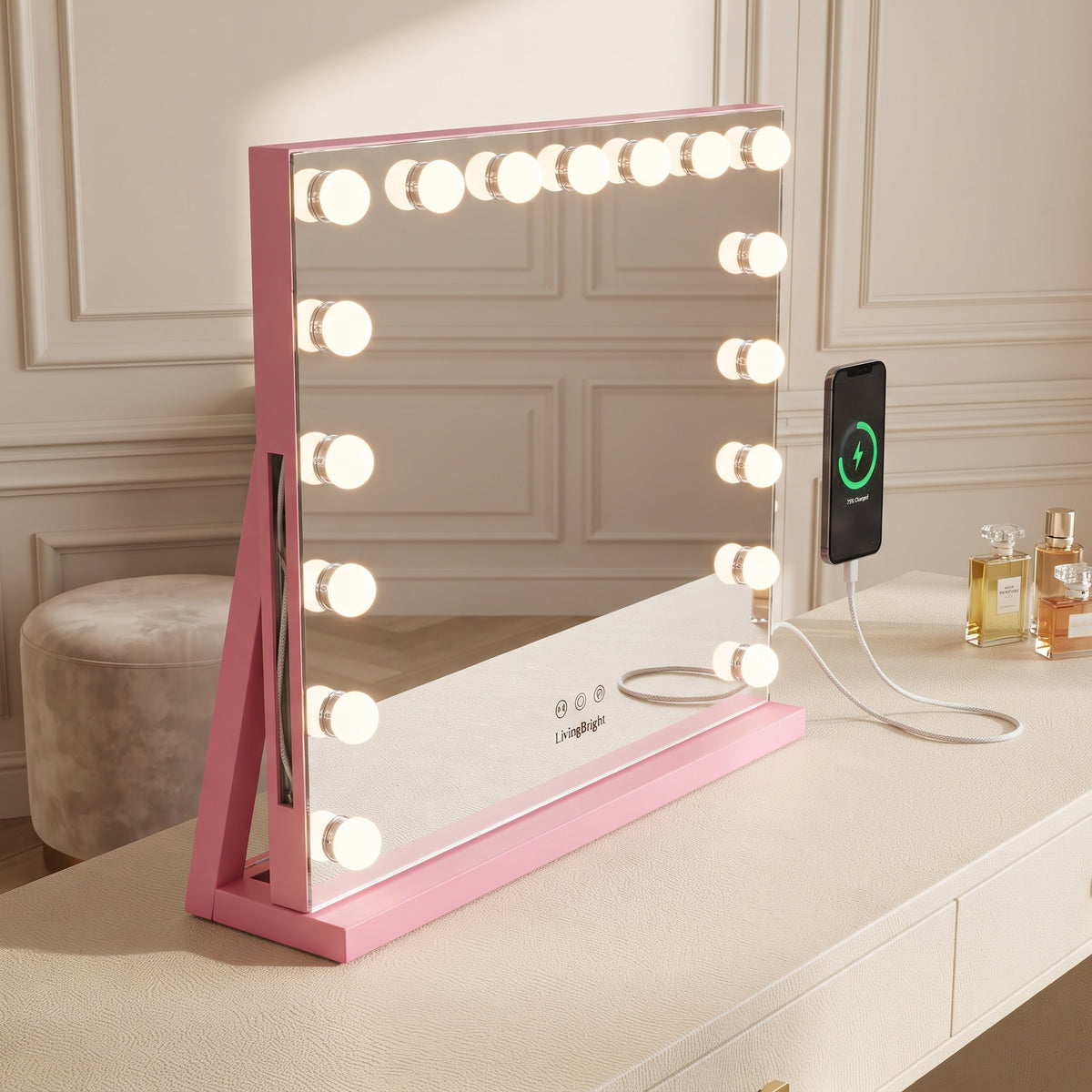 Livingbright - Make Up Spiegel - Hollywood Spiegel met Verlichting 80X60CM - 3 Lichtkleuren - Dimbaar - USB Oplader - Roze