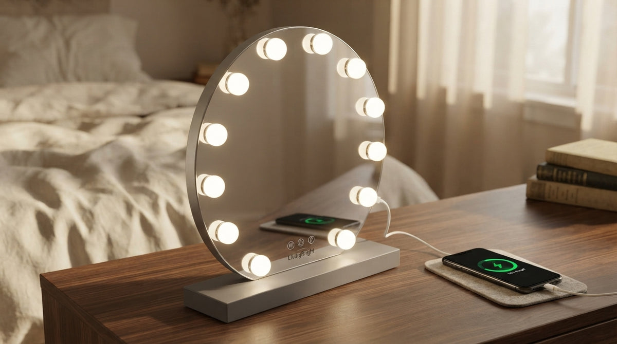 Livingbright - Make Up Spiegel Rond - Hollywood Spiegel met Verlichting 50X55CM - 3 Lichtkleuren - Dimbaar - USB Oplader - Grijs
