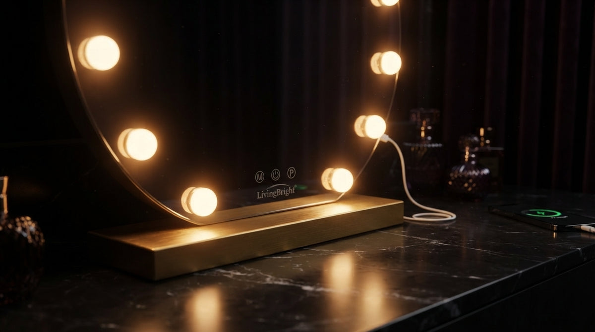 Livingbright - Make Up Spiegel Rond - Hollywood Spiegel met Verlichting 50X55CM - 3 Lichtkleuren - Dimbaar - USB Oplader - Goud