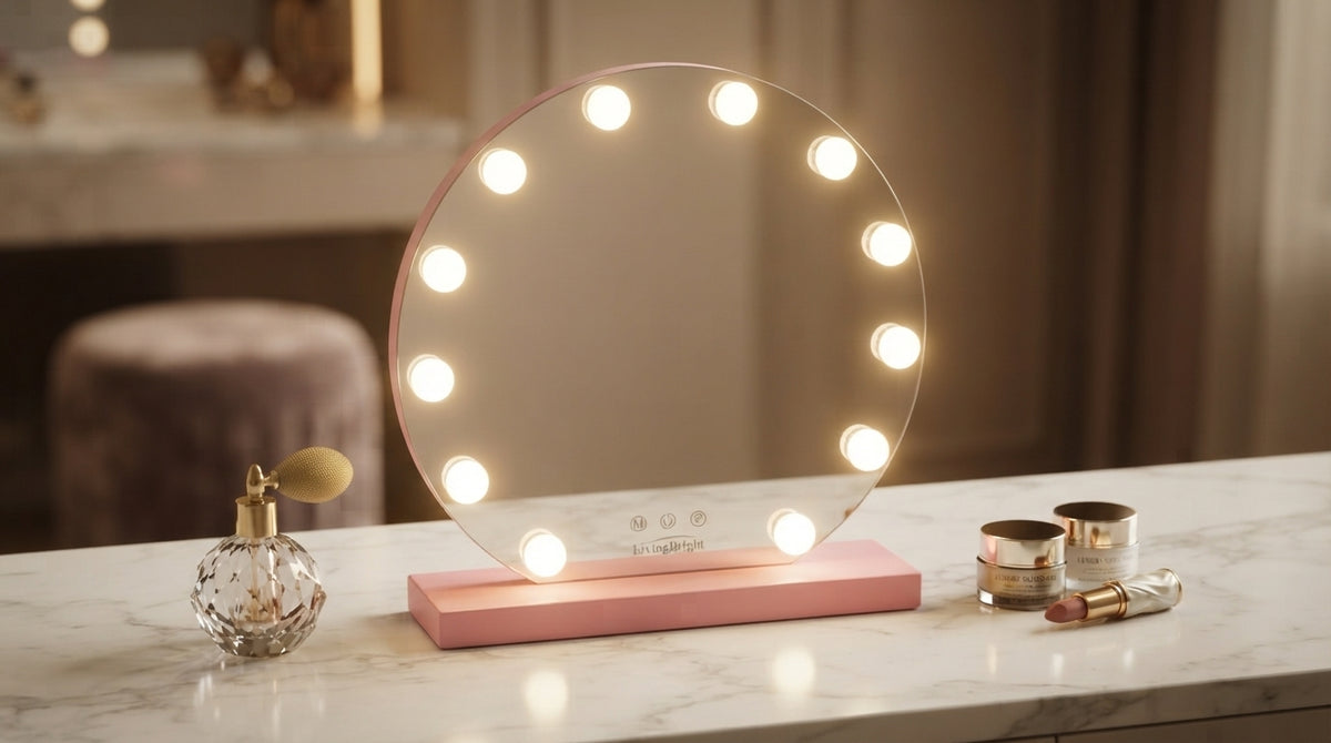 Livingbright - Make Up Spiegel Rond - Hollywood Spiegel met Verlichting 50X55CM - 3 Lichtkleuren - Dimbaar - USB Oplader - Roze