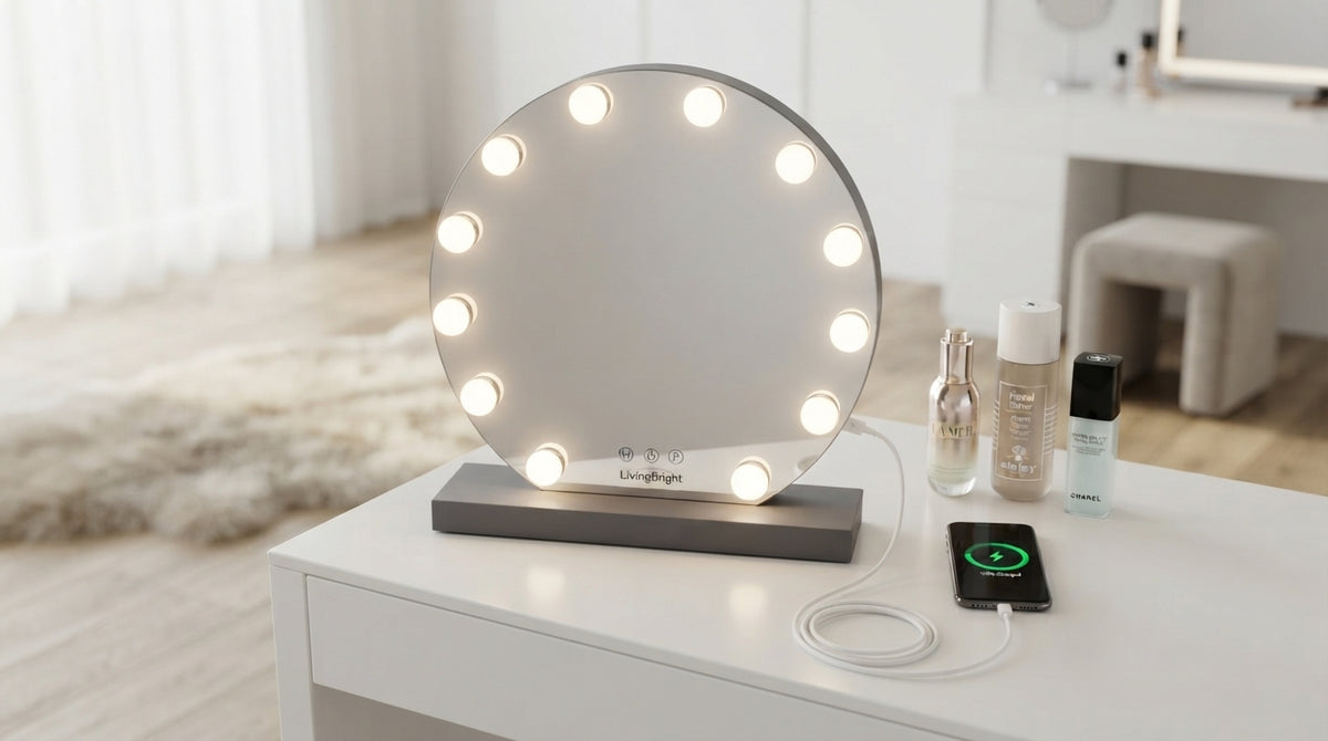 Livingbright - Make Up Spiegel Rond - Hollywood Spiegel met Verlichting 50X55CM - 3 Lichtkleuren - Dimbaar - USB Oplader - Grijs