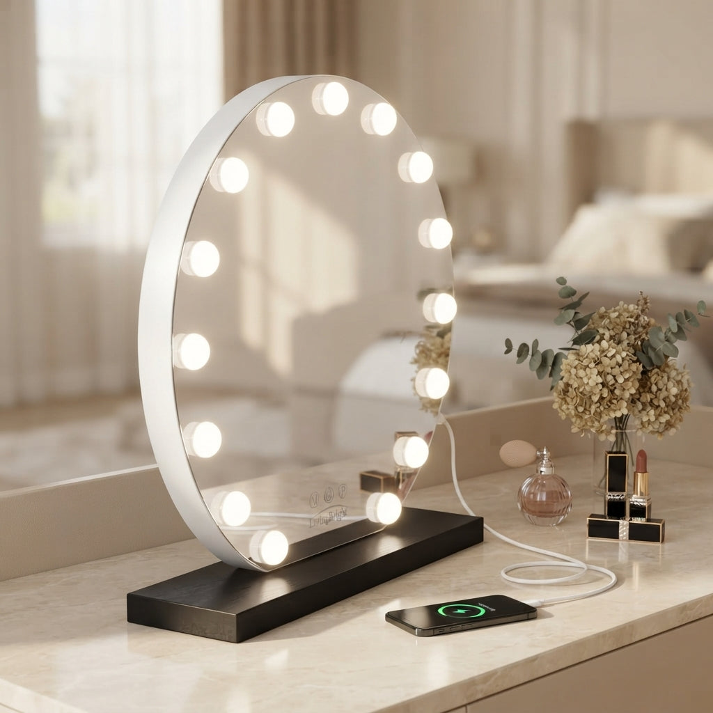 Livingbright - Make Up Spiegel Rond - Hollywood Spiegel met Verlichting 60X66CM - 3 Lichtkleuren - Dimbaar - USB Oplader - Zwart