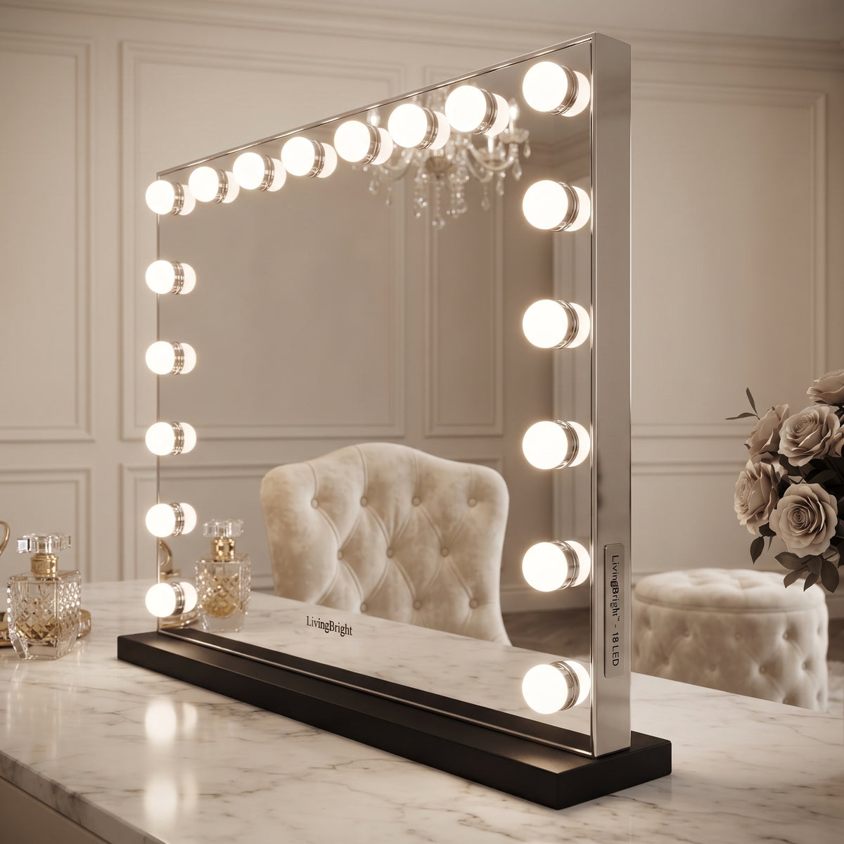 Livingbright - Make Up Spiegel - Hollywood Spiegel met Verlichting 80X60CM - 3 Lichtkleuren - Dimbaar - USB Oplader - Zwart