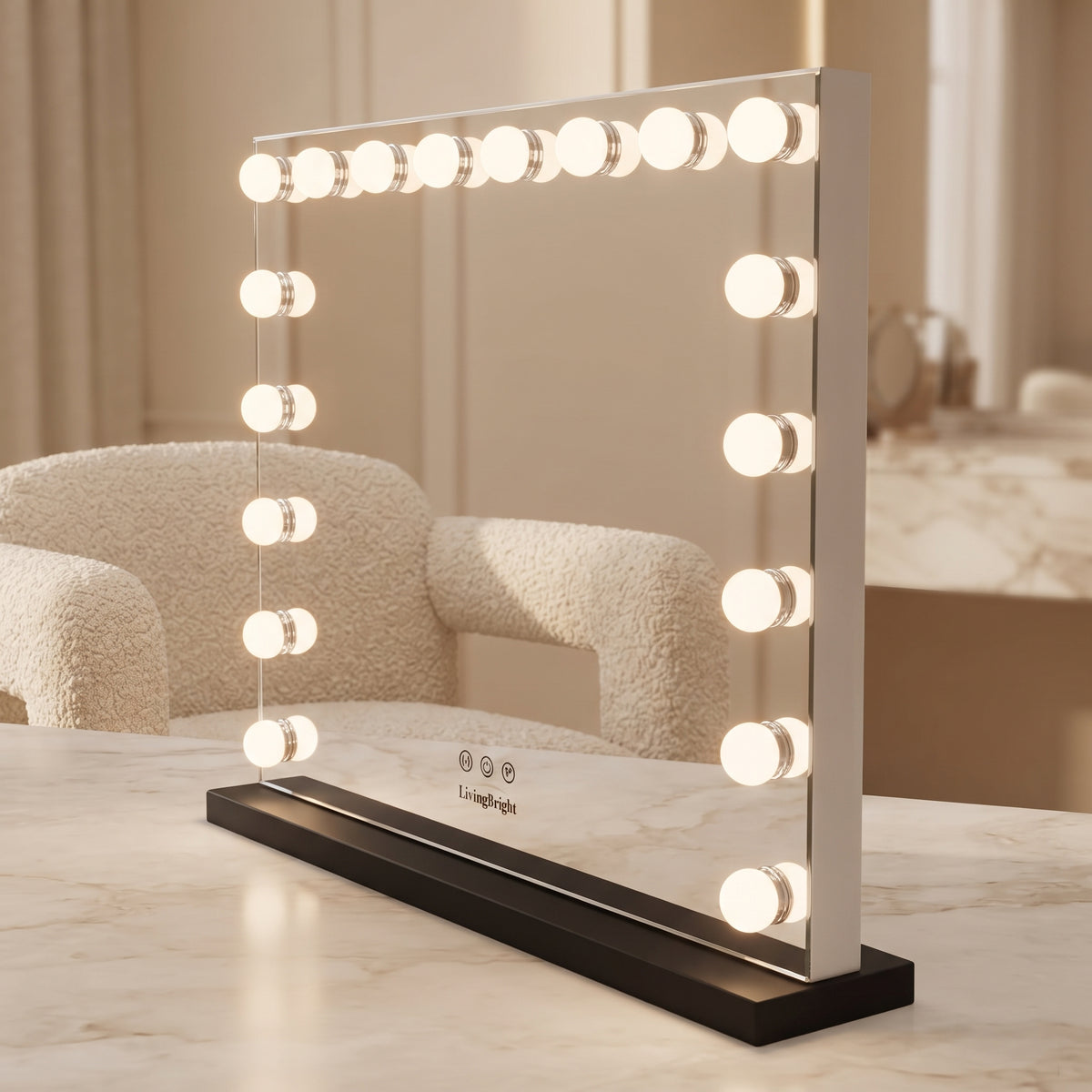 Livingbright - Make Up Spiegel - Hollywood Spiegel met Verlichting 80X60CM - 3 Lichtkleuren - Dimbaar - USB Oplader - Zwart