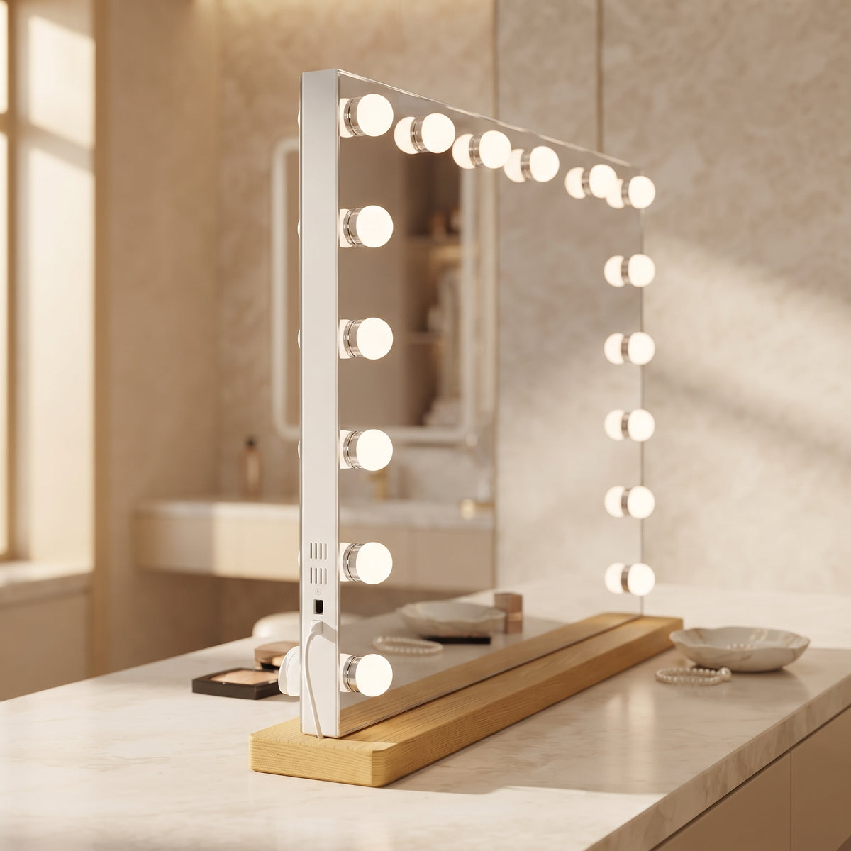 Livingbright - Make Up Spiegel - Hollywood Spiegel met Verlichting 80X60CM - 3 Lichtkleuren - Dimbaar - USB Oplader - Goud