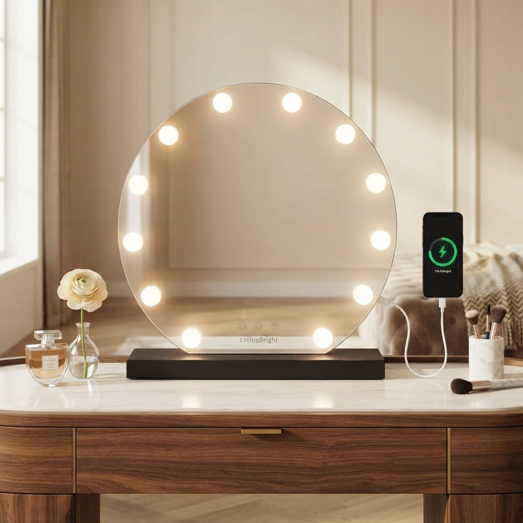Livingbright - Make Up Spiegel Rond - Hollywood Spiegel met Verlichting 50X55CM - 3 Lichtkleuren - Dimbaar - USB Oplader - Zwart