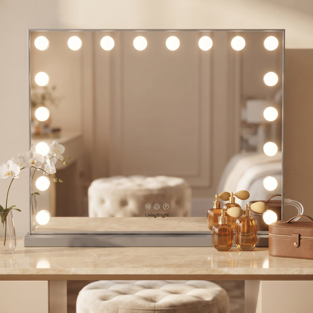 Livingbright - Make Up Spiegel - Hollywood Spiegel met Verlichting 80X60CM - 3 Lichtkleuren - Dimbaar - USB Oplader - Grijs