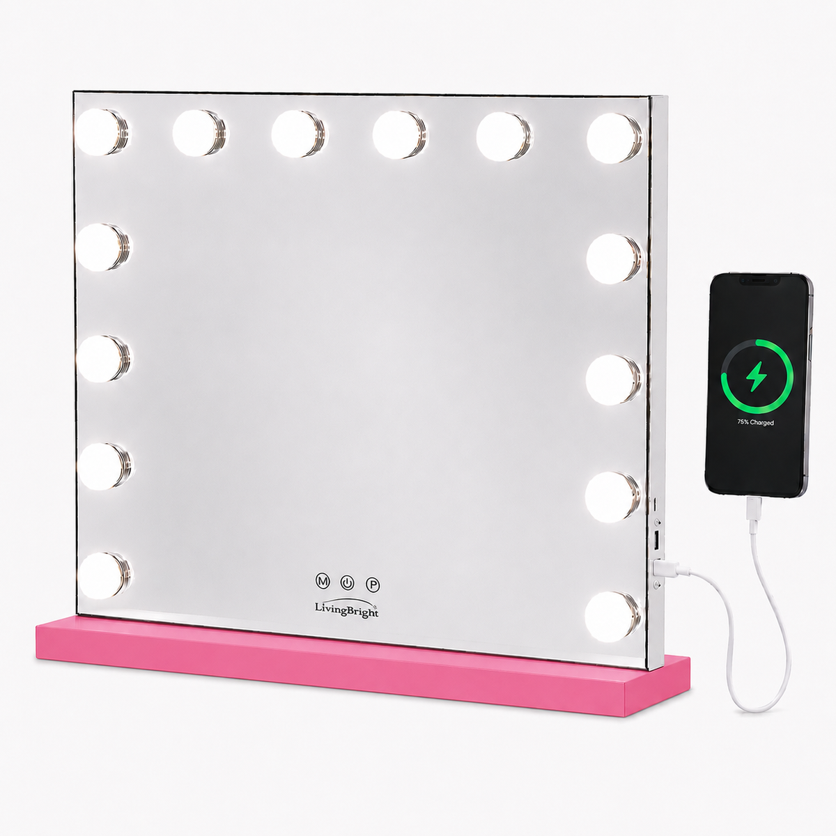 Livingbright - Make Up Spiegel - Hollywood Spiegel met Verlichting 50X40CM - 3 Lichtkleuren - Dimbaar - USB Oplader - Roze