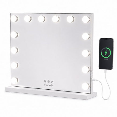 Livingbright - Make Up Spiegel - Hollywood Spiegel met Verlichting 50X40CM - 3 Lichtkleuren - Dimbaar - USB Oplader - Wit - afbeelding 1