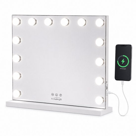 Livingbright - Make Up Spiegel - Hollywood Spiegel met Verlichting 50X40CM - 3 Lichtkleuren - Dimbaar - USB Oplader - Wit - afbeelding 1