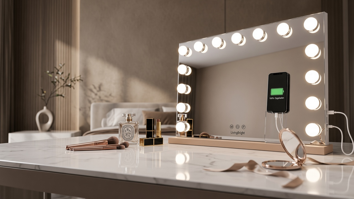 Livingbright - Make Up Spiegel - Hollywood Spiegel met Verlichting 50X40CM - 3 Lichtkleuren - Dimbaar - USB Oplader - Goud