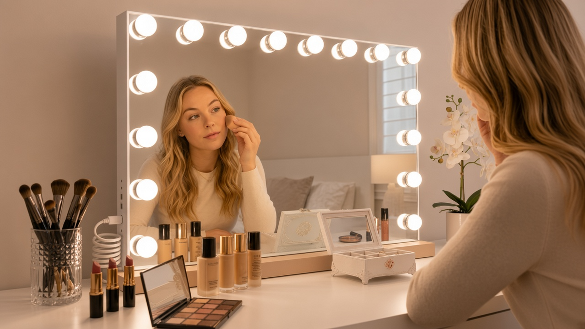 Livingbright - Make Up Spiegel - Hollywood Spiegel met Verlichting 50X40CM - 3 Lichtkleuren - Dimbaar - USB Oplader - Goud